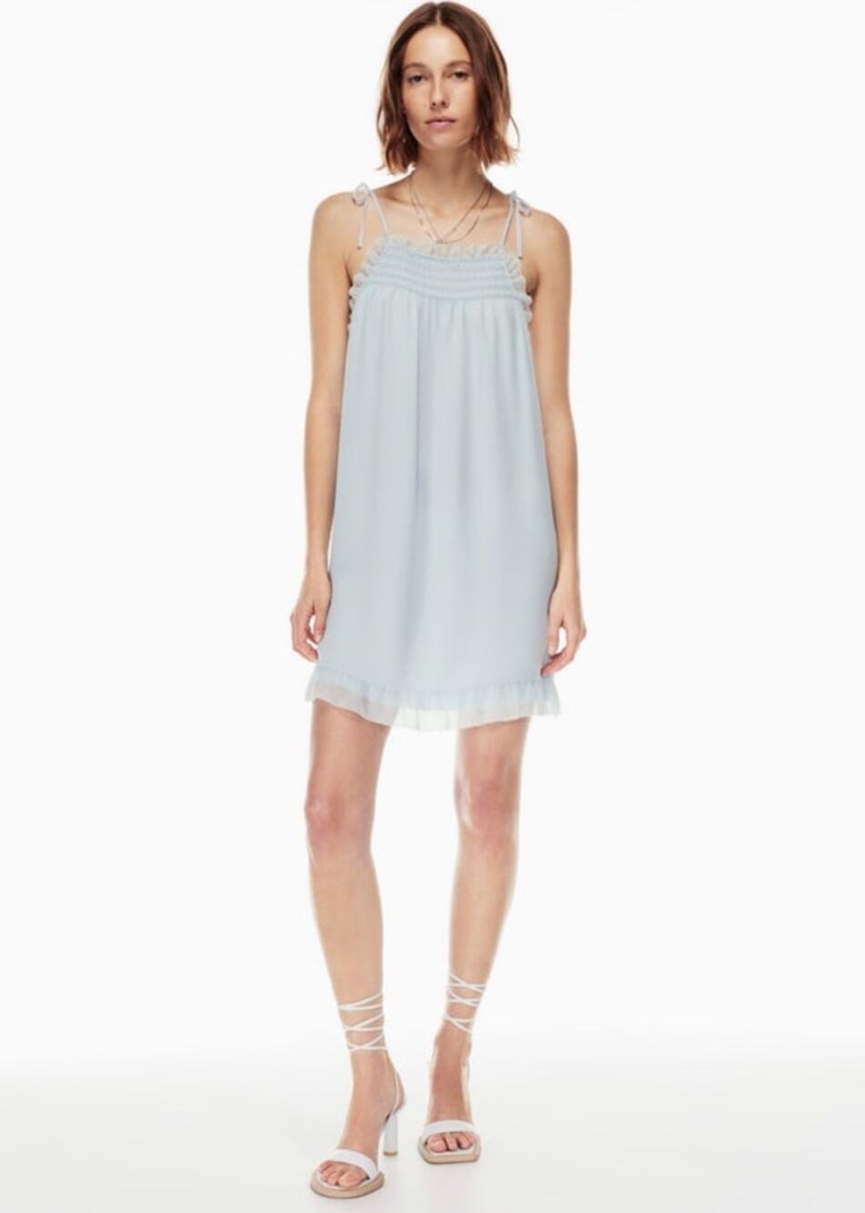 Aritzia Wilfred Womens Cathedral Slip Dress Medium Blue Smocked Tie Strap Ruffle